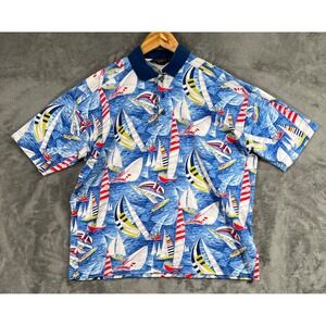 Paul Shark Yachting Polo Shirt Mens Medium AOP Boat Print Made in Italy Vintage